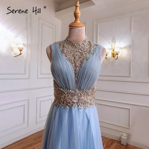 On Sale no return no refundBlue Luxury A-Line Evening Dresses Gowns 2025 Beaded Sleeveless For Women Wedding Party LA70961