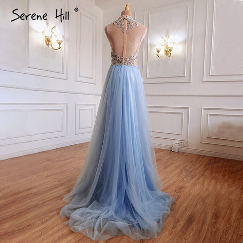 On Sale no return no refundBlue Luxury A-Line Evening Dresses Gowns 2025 Beaded Sleeveless For Women Wedding Party LA70961
