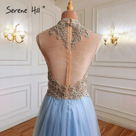 On Sale no return no refundBlue Luxury A-Line Evening Dresses Gowns 2025 Beaded Sleeveless For Women Wedding Party LA70961