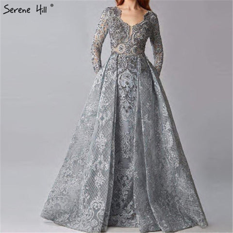 Blue Muslim Beading Mermaid Lace  Crystal Design Evening Dresses 2025 Dubai Luxury  Plush Size Evening Gowns LA70424