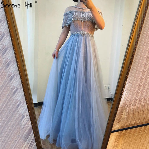 Blue O-Neck Diamond Sequins Sexy Evening Dresses 2025 Dubai Short Sleeves A-Line Formal Dress LA70352