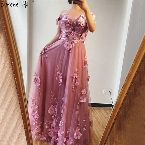 On Sale No Return No Refund Blue Off Shoulder Handmade Flowers Evening Dresses Pearls Sleeveless Sexy A-Line Evening Gowns 2025 LA70189