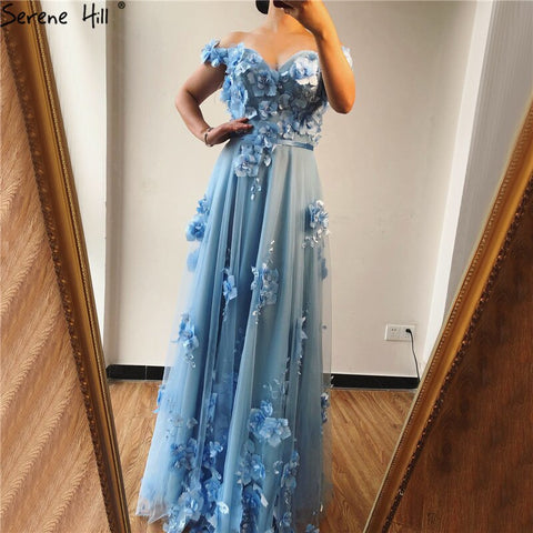 On Sale No Return No Refund Blue Off Shoulder Handmade Flowers Evening Dresses Pearls Sleeveless Sexy A-Line Evening Gowns 2025 LA70189