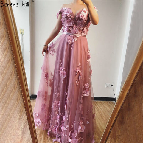 On Sale No Return No Refund Blue Off Shoulder Handmade Flowers Evening Dresses Pearls Sleeveless Sexy A-Line Evening Gowns 2025 LA70189