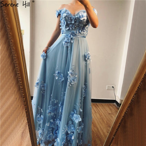 On Sale No Return No Refund Blue Off Shoulder Handmade Flowers Evening Dresses Pearls Sleeveless Sexy A-Line Evening Gowns 2025 LA70189