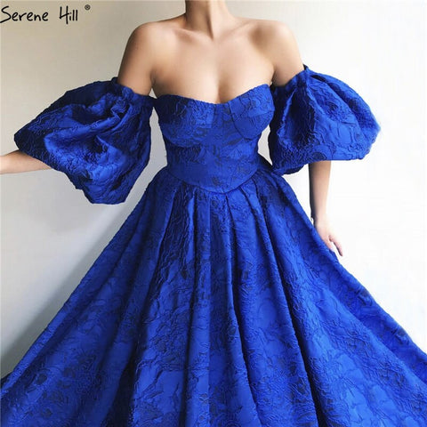 Robe de soirée bleue à épaules dénudées et manches bouffantes, tenue de soirée sexy et élégante, style Dubaï, LA60923 