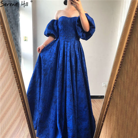 Robe de soirée bleue à épaules dénudées et manches bouffantes, tenue de soirée sexy et élégante, style Dubaï, LA60923 