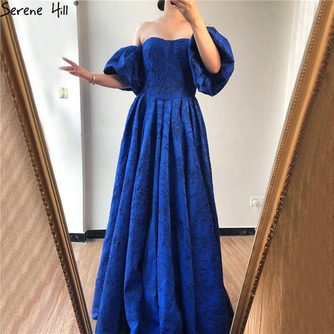 Robe de soirée bleue à épaules dénudées et manches bouffantes, tenue de soirée sexy et élégante, style Dubaï, LA60923 
