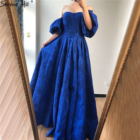 Robe de soirée bleue à épaules dénudées et manches bouffantes, tenue de soirée sexy et élégante, style Dubaï, LA60923 