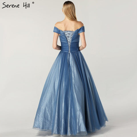 On Sale no return no refund Sale Blue Off Shoulder Sexy Ball Gowns Evening Dresses 2025 Tulle Beading Crystal Sleeveless Evening Gowns LA6678