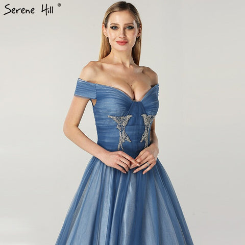 On Sale no return no refund Sale Blue Off Shoulder Sexy Ball Gowns Evening Dresses 2025 Tulle Beading Crystal Sleeveless Evening Gowns LA6678