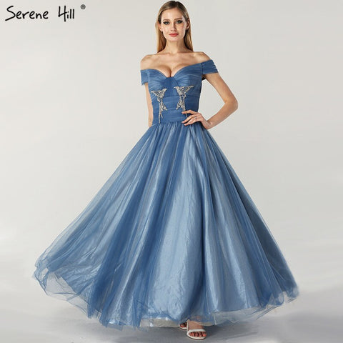On Sale no return no refund Sale Blue Off Shoulder Sexy Ball Gowns Evening Dresses 2025 Tulle Beading Crystal Sleeveless Evening Gowns LA6678