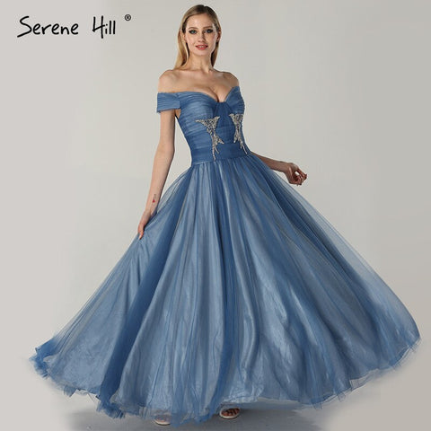 On Sale no return no refund Sale Blue Off Shoulder Sexy Ball Gowns Evening Dresses 2025 Tulle Beading Crystal Sleeveless Evening Gowns LA6678