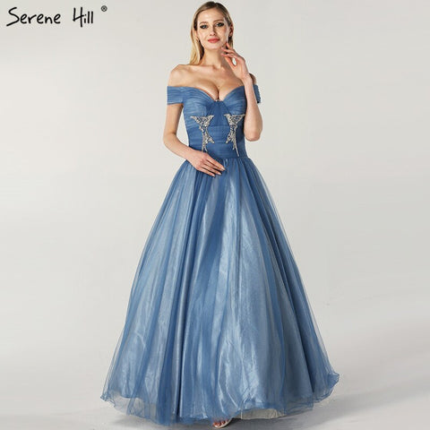 On Sale no return no refund Sale Blue Off Shoulder Sexy Ball Gowns Evening Dresses 2025 Tulle Beading Crystal Sleeveless Evening Gowns LA6678