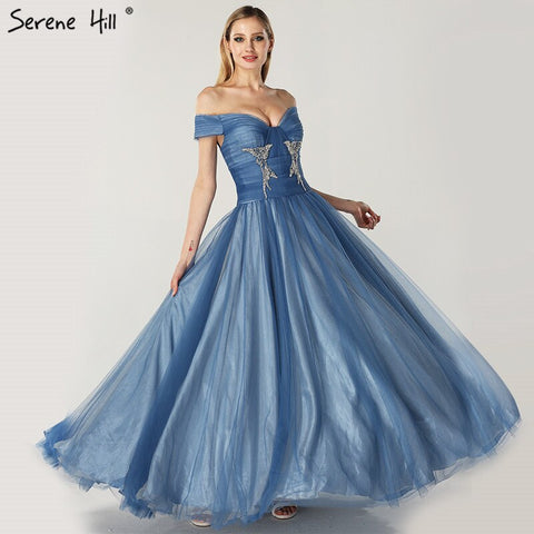 On Sale no return no refund Sale Blue Off Shoulder Sexy Ball Gowns Evening Dresses 2025 Tulle Beading Crystal Sleeveless Evening Gowns LA6678