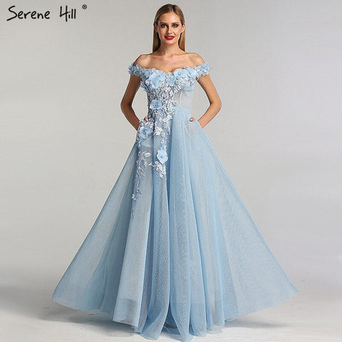 Sale Blue Off  Shoulder Sexy Beach Evening Dresses Handmade Flowers Pearls Sleeveless Evening Gowns 2025 LA60868