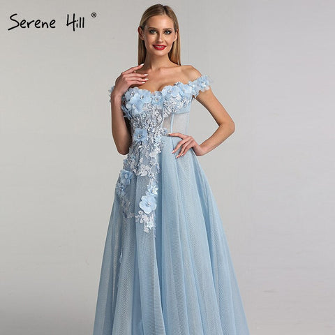 Sale Blue Off  Shoulder Sexy Beach Evening Dresses Handmade Flowers Pearls Sleeveless Evening Gowns 2025 LA60868