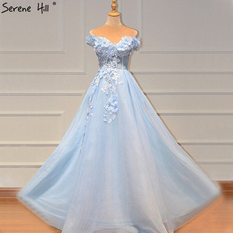 Sale Blue Off  Shoulder Sexy Beach Evening Dresses Handmade Flowers Pearls Sleeveless Evening Gowns 2025 LA60868