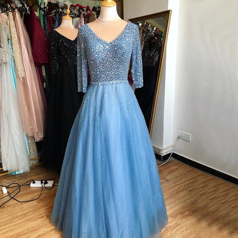 On Sale no return no refundBlue V-neck Sexy Ball Gowns Evening Dresses 2025 Crystal Sparkle Tulle Formal Dress Design LA70481