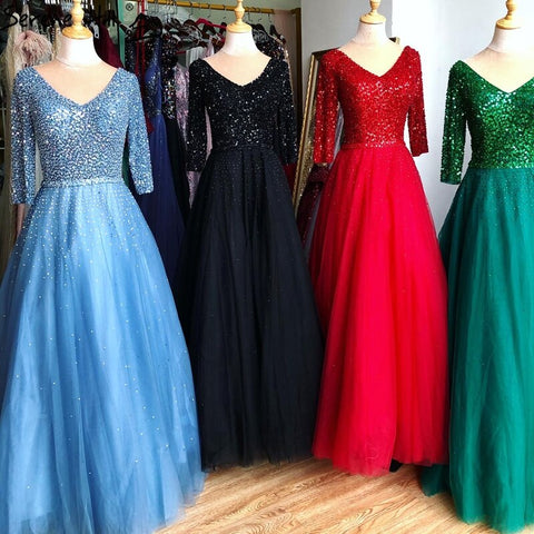 On Sale no return no refundBlue V-neck Sexy Ball Gowns Evening Dresses 2025 Crystal Sparkle Tulle Formal Dress Design LA70481