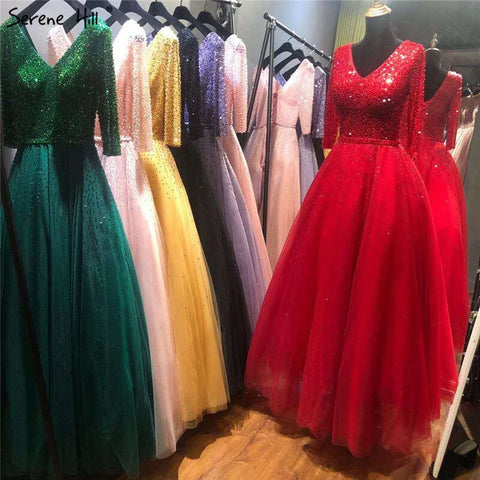 On Sale no return no refundBlue V-neck Sexy Ball Gowns Evening Dresses 2025 Crystal Sparkle Tulle Formal Dress Design LA70481