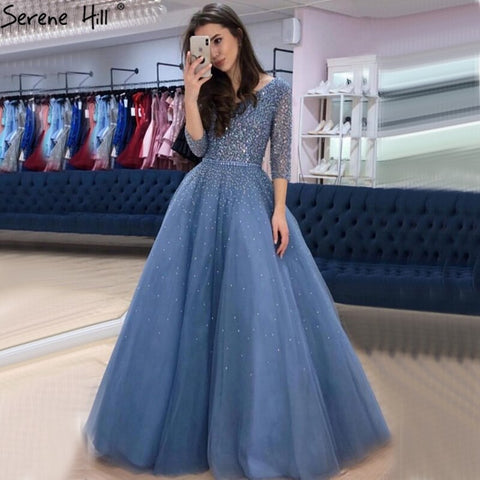 On Sale no return no refundBlue V-neck Sexy Ball Gowns Evening Dresses 2025 Crystal Sparkle Tulle Formal Dress Design LA70481