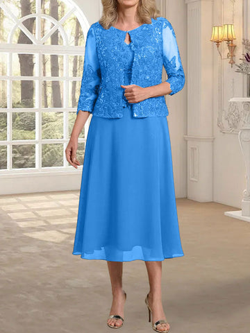 A-line Scoop Tea-Length Lace Chiffon Mother of the Bride Dress With Sequins