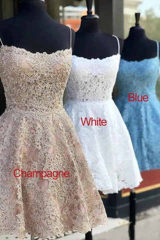 Vestidos cortos de fiesta con tirantes finos, espalda cruzada y corte en A de encaje azul