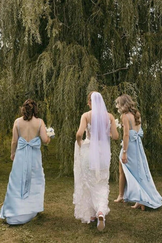 Blue Satin Sheath Spaghetti Straps Long Bridesmaid Dresses With Slit