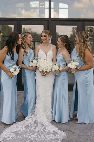 Blue Satin Sheath Spaghetti Straps Long Bridesmaid Dresses With Slit