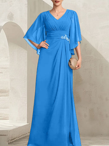 Sheath/Column V-Neck Floor-Length Chiffon Mother of the Bride Dress With Pleated Sequins Beading