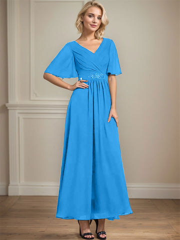 A-line V-Neck Ankle-Length Chiffon Mother of the Bride Dress With Pleated Beading Sequins