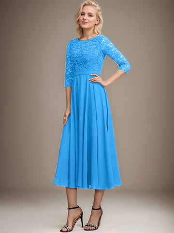 A-line Scoop Tea-Length Lace Chiffon Mother of the Bride Dress With Sequins
