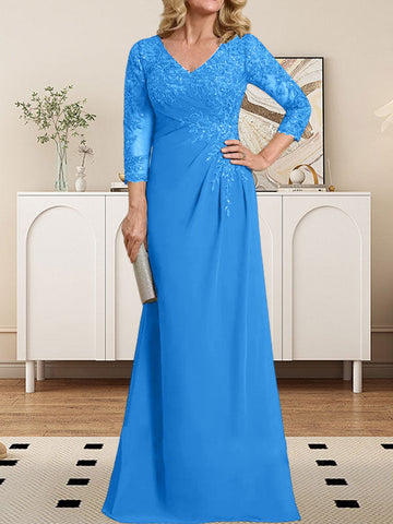 Sheath/Column V-Neck Illusion Floor-Length Lace Chiffon Mother of the Bride Dress With Pleated Sequins