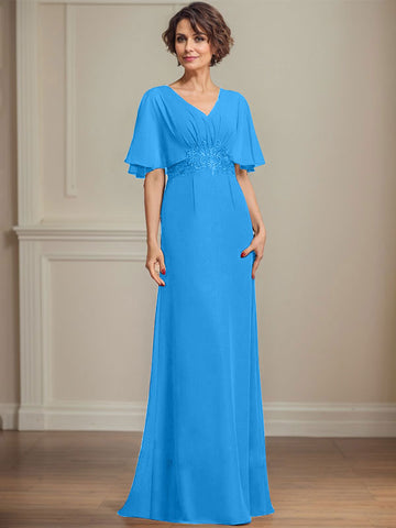A-line V-Neck Floor-Length Chiffon Mother of the Bride Dress With Pleated Sequins Appliques Lace