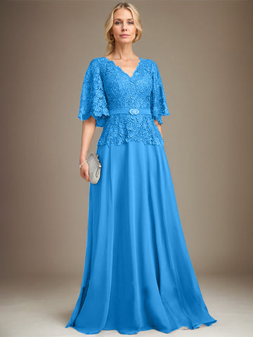 A-line V-Neck Floor-Length Chiffon Lace Mother of the Bride Dress With Crystal Brooch Rhinestone