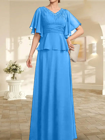 A-line V-Neck Floor-Length Chiffon Mother of the Bride Dress With Pleated Beading