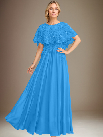 A-line Boat Neck Floor-Length Lace Chiffon Mother of the Bride Dress With Applique Sequins