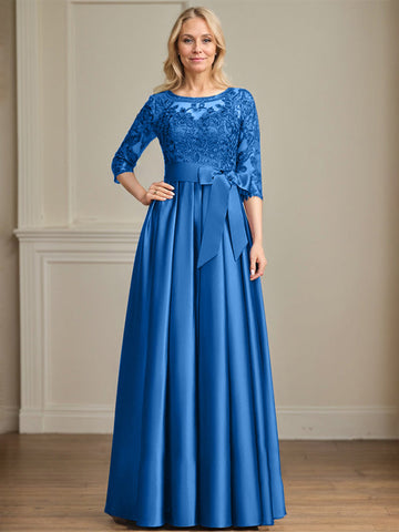 A-line Scoop Illusion Floor-Length Satin Lace Mother of the Bride Dress With Sequins Bow