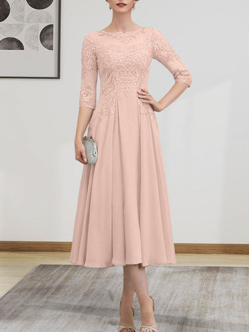 A-line Scoop Illusion Tea-Length Chiffon Lace Mother of the Bride Dress With Beading Sequins