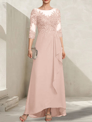 A-line Scoop Illusion Asymmetrical Lace Chiffon Mother of the Bride Dress With Sequins Cascading Ruffles