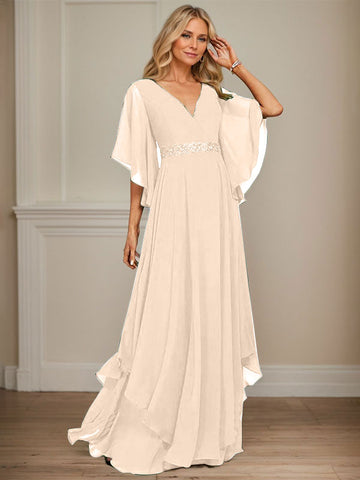 A-line V-Neck Floor-Length Chiffon Mother of the Bride Dress With Sequins Appliques Lace Beading