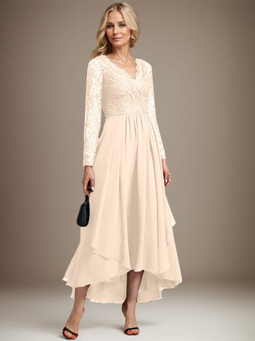 A-line V-Neck Asymmetrical Lace Chiffon Mother of the Bride Dress