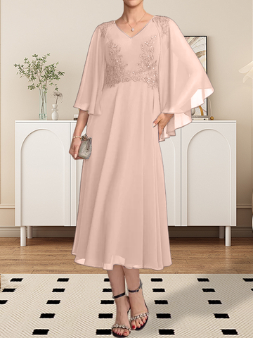 A-line V-Neck Tea-Length Chiffon Lace Mother of the Bride Dress With Beading Sequins