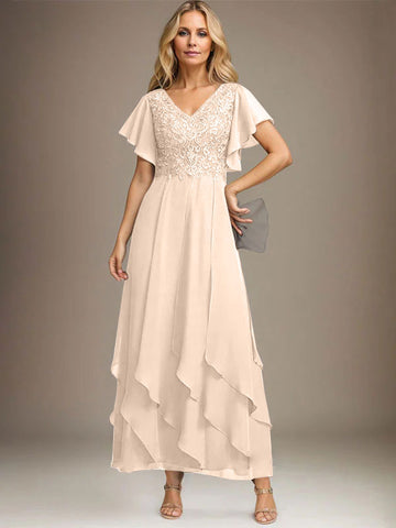 A-line V-Neck Ankle-Length Lace Chiffon Mother of the Bride Dress With Cascading Ruffles