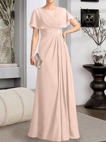A-line Scoop Floor-Length Chiffon Mother of the Bride Dress With Pleated Beading