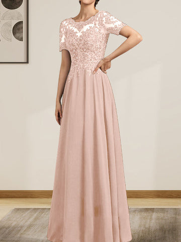 A-line Scoop Illusion Floor-Length Chiffon Lace Mother of the Bride Dress With Sequins Beading