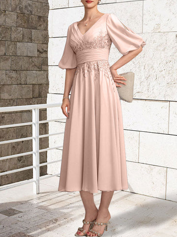 A-line V-Neck Tea-Length Lace Chiffon Mother of the Bride Dress With Pleated