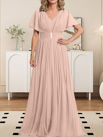 A-line V-Neck Floor-Length Chiffon Mother of the Bride Dress With Crystal Brooch Pleated