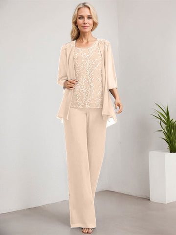 Separates Jumpsuit/Pantsuit Scoop Floor-Length Lace Chiffon Mother of the Bride Dress With Sequins